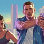 A man pointing a gun forward with a woman standing behind him, inspired by GTA 6 action artwork in a Vice City-style setting.